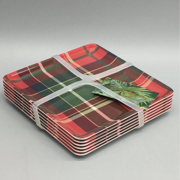 x6 TOMMY BAHAMA Red Tartan Plaid Melamine Appetizer Plate Set Square Christmas - Picture 2 of 5
